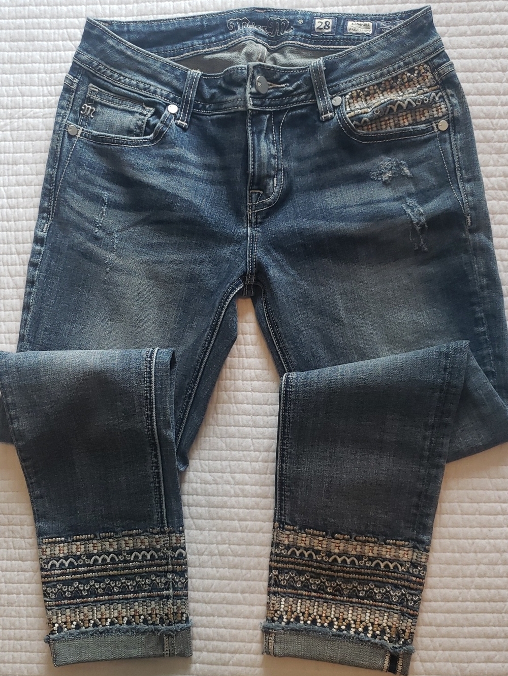 Miss Me Dark Blue Slim Straight Jeans with Embroidered Cuffs